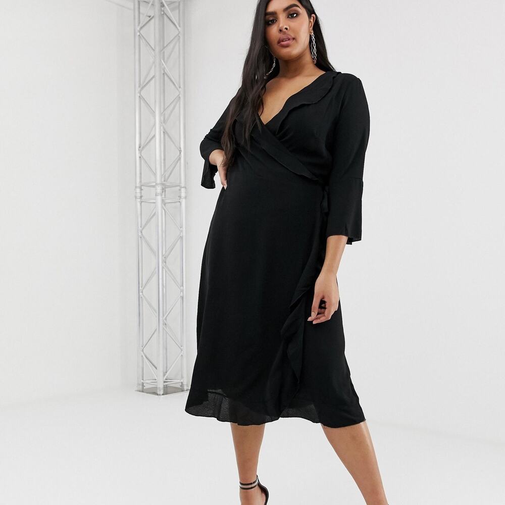 Outrageous Fortune Plus Black Ruffle Wrap Midi Dress US 16 Tie Waist